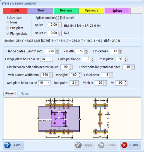 Steel beam splice edit dialog