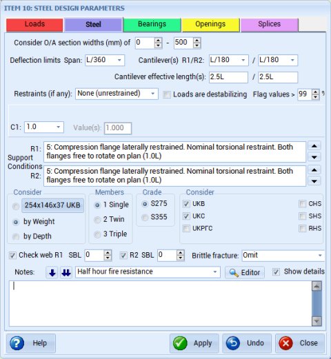 Steel beam design parameters